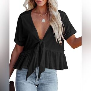 Ruffle Hem‎ V Neck Self Tie Front Crop Top In Black Size Medium